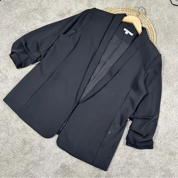 Chico’s Women’s Ruched Sleeve Blazer Open Front Lined Office in Black 2/US 12 - Picture 2 of 14